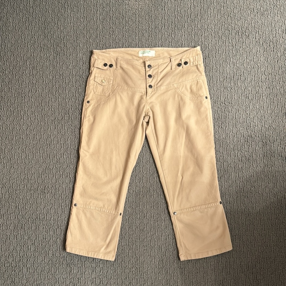 Benetton Khaki Stretch Cotton Capri Pants with Button Details Size Medium